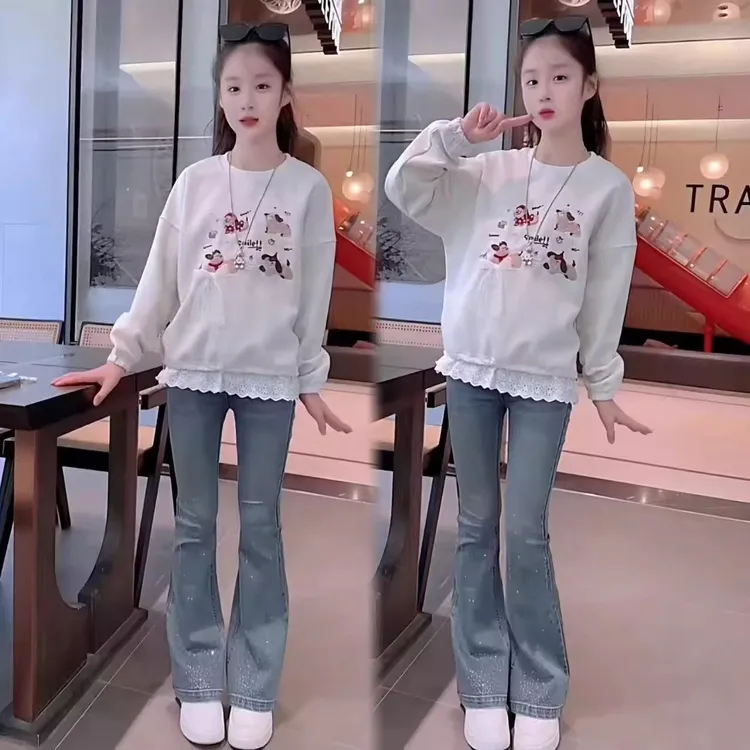 女童秋季套装2025新款时尚花边卫衣中大童烫钻牛仔喇叭裤两件套潮
