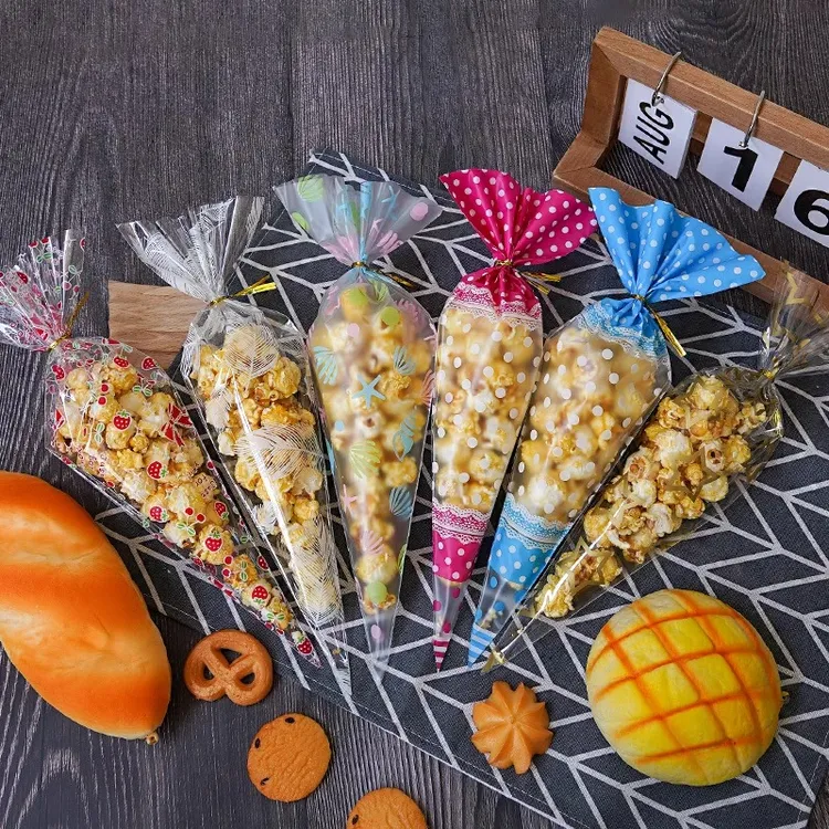 透明三角形爆米花包装袋糖果蛋白糖蛋筒零食专用袋子印花礼品袋