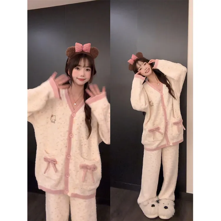 可爱甜美波点Kitty半边绒睡衣女秋冬款保暖针织开衫可外穿家居服