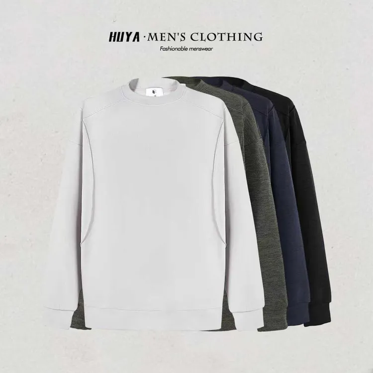 虎牙兄弟冬季糯米双面暖绒简约拼接纯色百搭套头圆领打底男 W7306