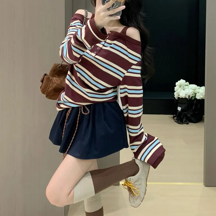2025春秋新款韩版时尚洋气条纹露肩长袖T恤+高腰半身裙套装女显瘦