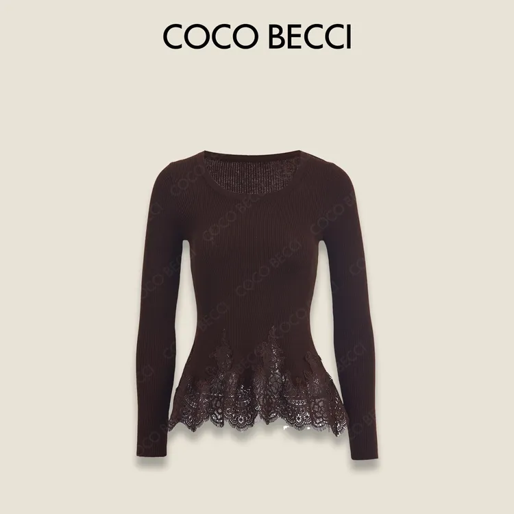 COCO BECCI【蕾丝秘语】绵羊毛混纺百搭显瘦针织衫CFXYC231086