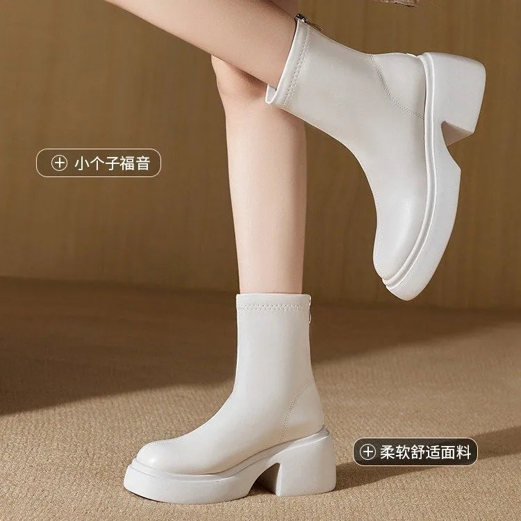 SANFU/三福冬季磨砂粗跟高跟短靴靴子方头小个子中跟百搭春秋白色