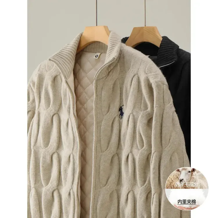 【加棉加厚】【羊毛混纺麻花工艺】秋冬气质双拉链针织开衫立领外套
