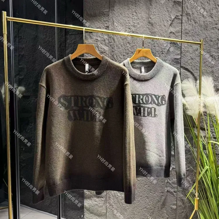 冬季新款时尚潮流提花美式慵懒风圆领针织衫宽松休闲百搭男士上衣