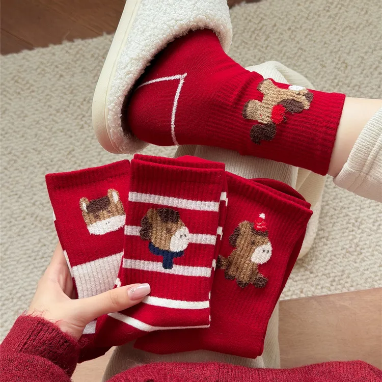 属马红袜子女本命年中筒袜秋冬新年马年卡通棉袜网红款ins潮袜