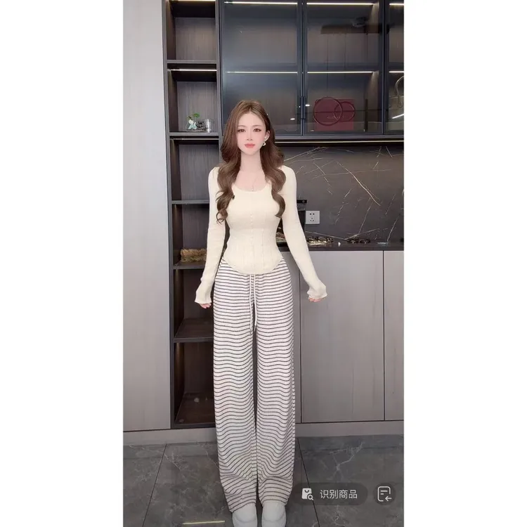 曼曼【松弛派代表】软糯慵懒风加绒加厚条纹毛巾糯米裤3535#