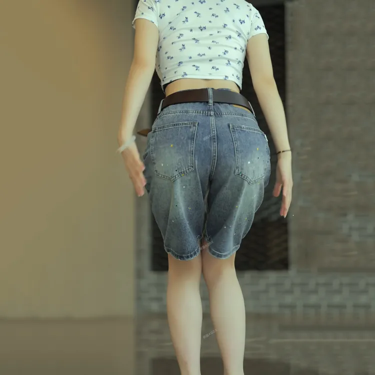 香港专柜高端泼墨设计潮牌牛仔短裤男士夏季薄款宽松五分裤男裤子