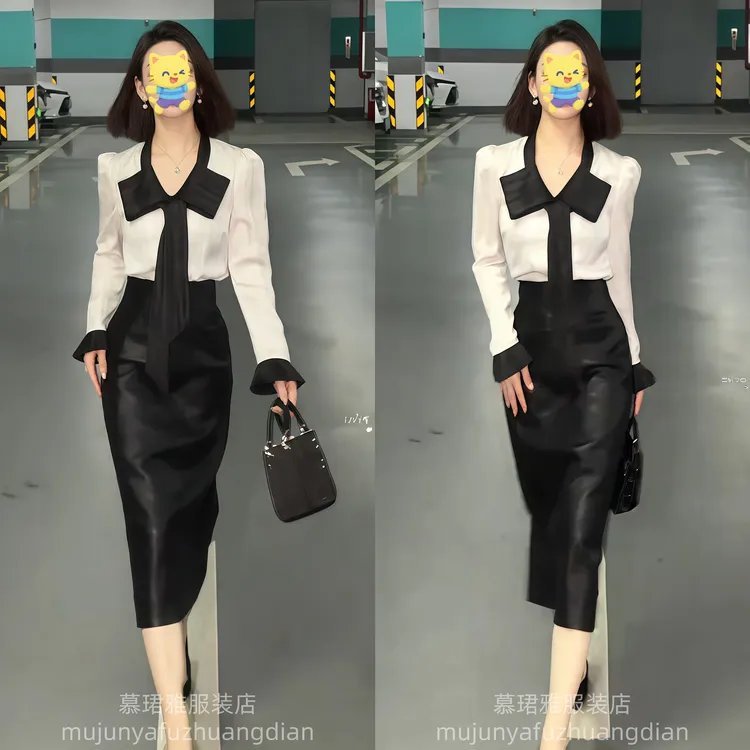 2025新款细闪撞色蝴蝶结领长袖显瘦拼接气质小香风女装上衣