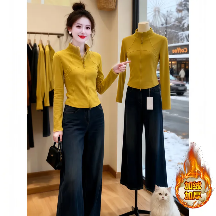 黄色巨显白半高领双拉链长袖T恤洋气开衫女简约休闲显瘦保暖上衣