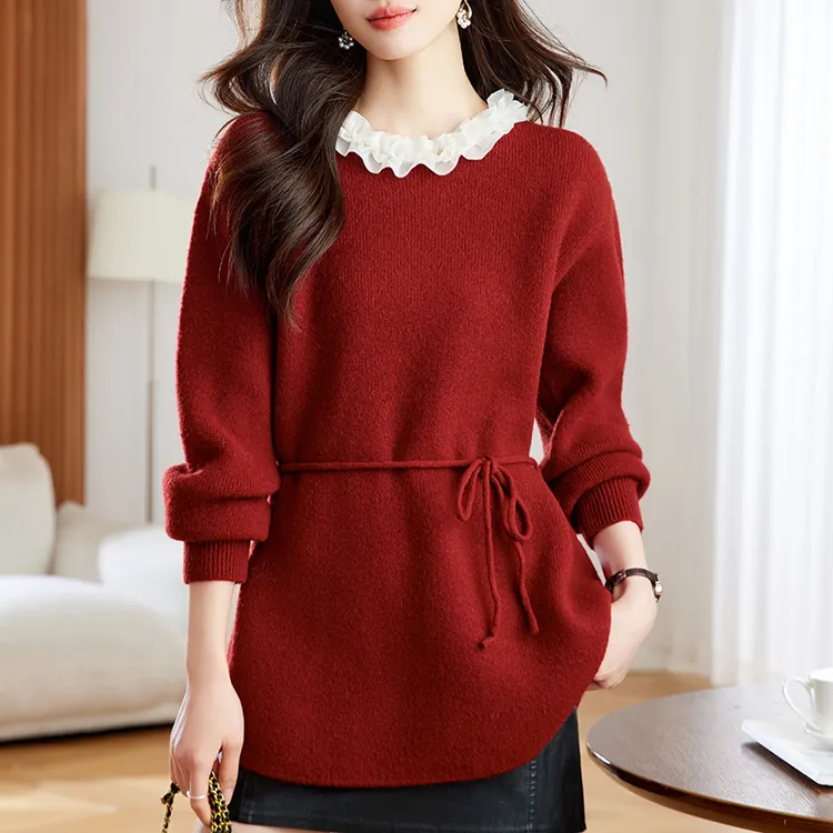 花边领红色毛衣女秋冬2026新款羊毛中长款针织打底衫本命年衣服厚
