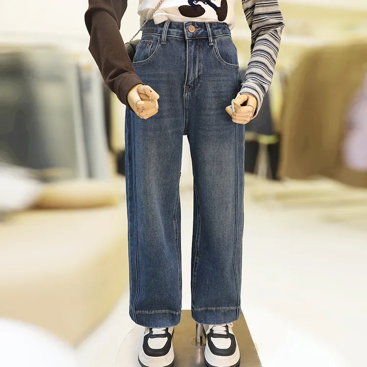 zaw大码女裤小个子加绒牛仔裤秋冬胖mm高腰显瘦九分烟管直筒25455