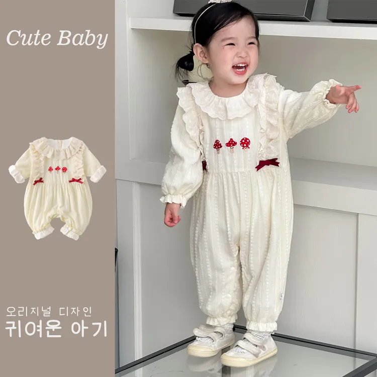 婴儿衣服秋装新生女宝连体衣满月百天公主外出花边领哈衣爬服春秋