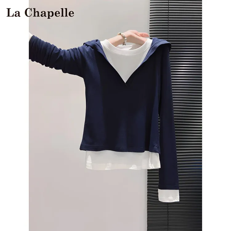 超气质温柔!藏青色长袖T恤女早秋2025新款连帽假两件修身显瘦上衣