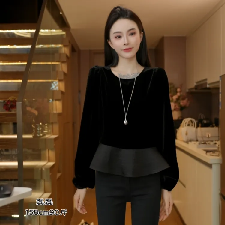 磊磊【小酌情调】丝绒上衣 拼接慵懒风甜美系丝绒上衣#6659