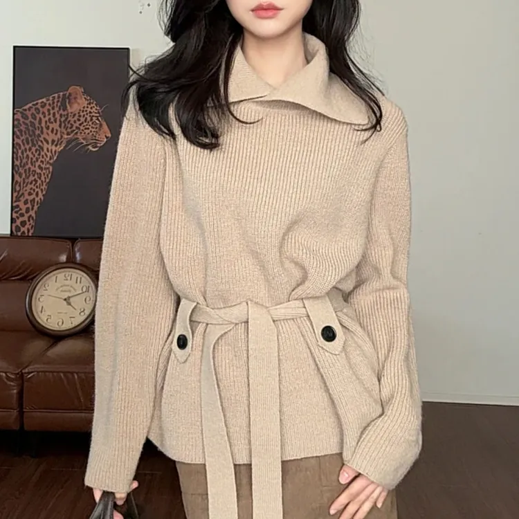 设计感收腰带Polo领慵懒毛针织衫秋冬新款设计师法式气质长袖毛衣