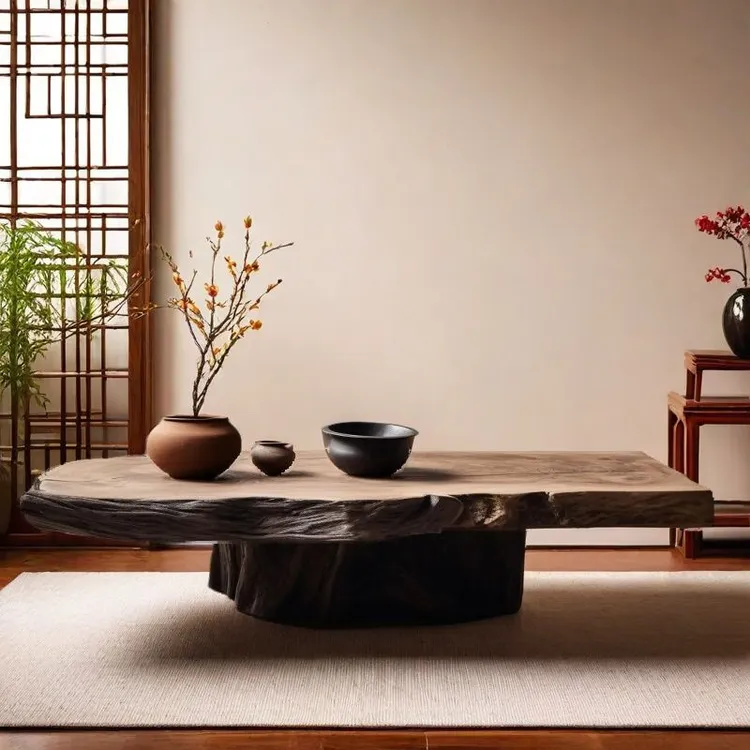 E0级环保侘寂风实木悬挂实木茶几不规则香樟木家用复古茶桌