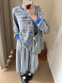 程程甄选  韩代复古小狗兔毛绒感舒适加厚条纹T恤打底衫1045