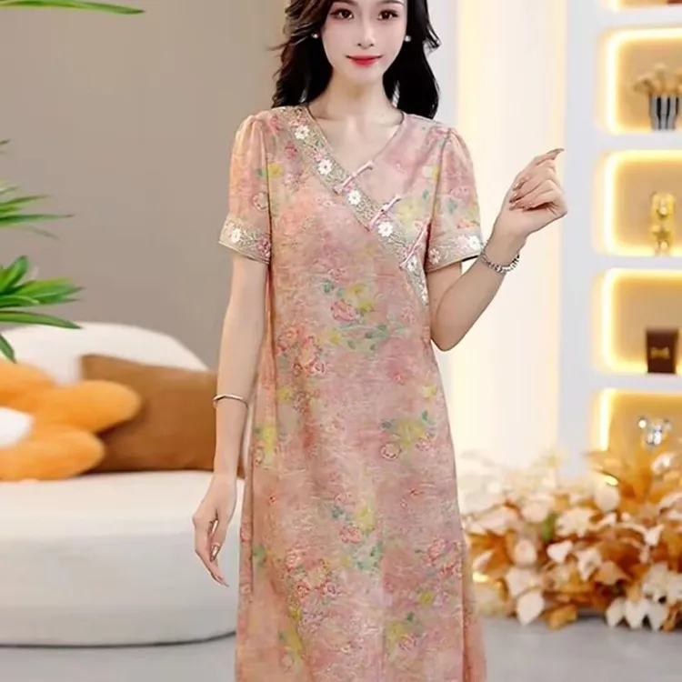 10072-时尚优雅国风花裙女夏季新款宽松显瘦遮肉连衣裙【梦腾飞】