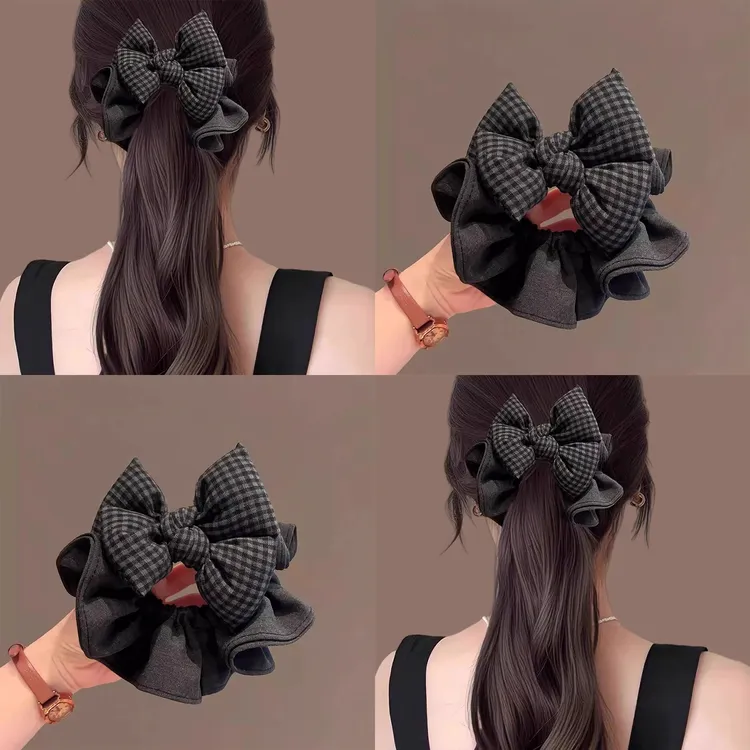 黑灰格纹蝴蝶结发圈女2025新款百搭高端头绳高马尾可爱发圈发饰