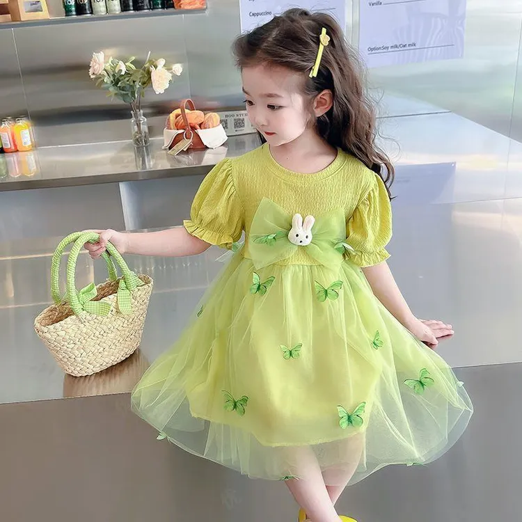 巴拉开门女童夏装连衣裙2025新款女孩纱裙洋气儿童泡泡袖公主宝