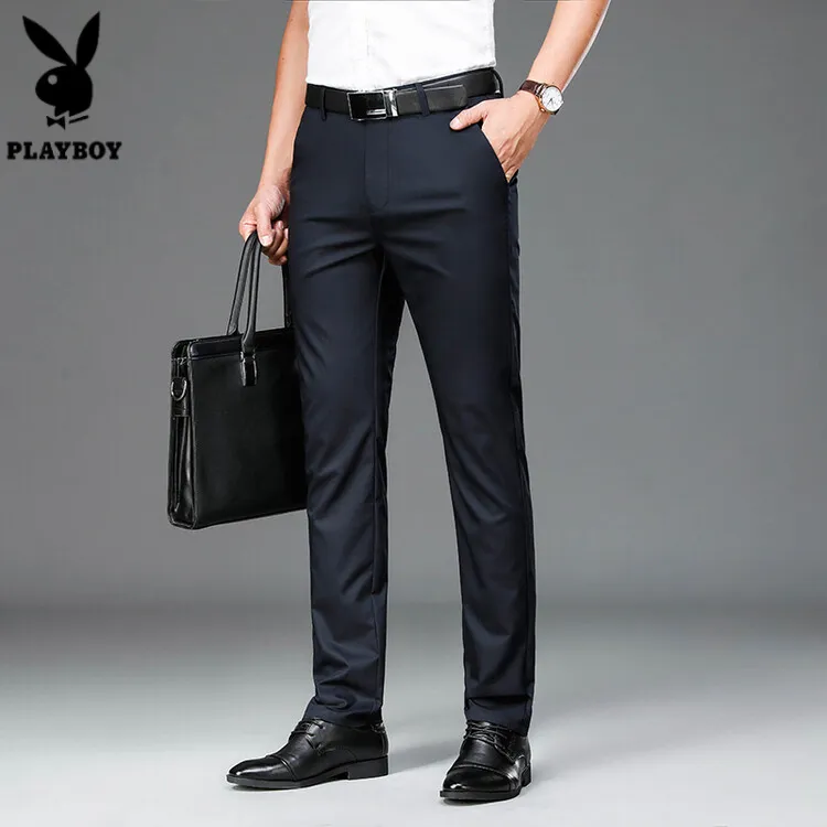 花花公子春夏新款黑色四面弹力西裤男士修身时尚休闲裤商务西装裤