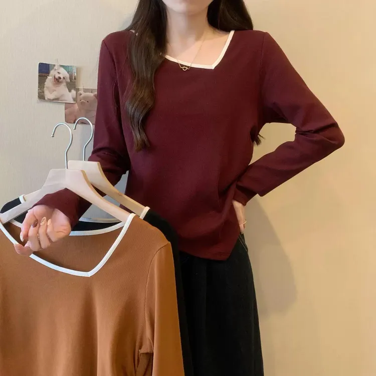 2025秋装新款胖mm大码女装不规则V领长袖T恤法式气质显瘦纯色上衣