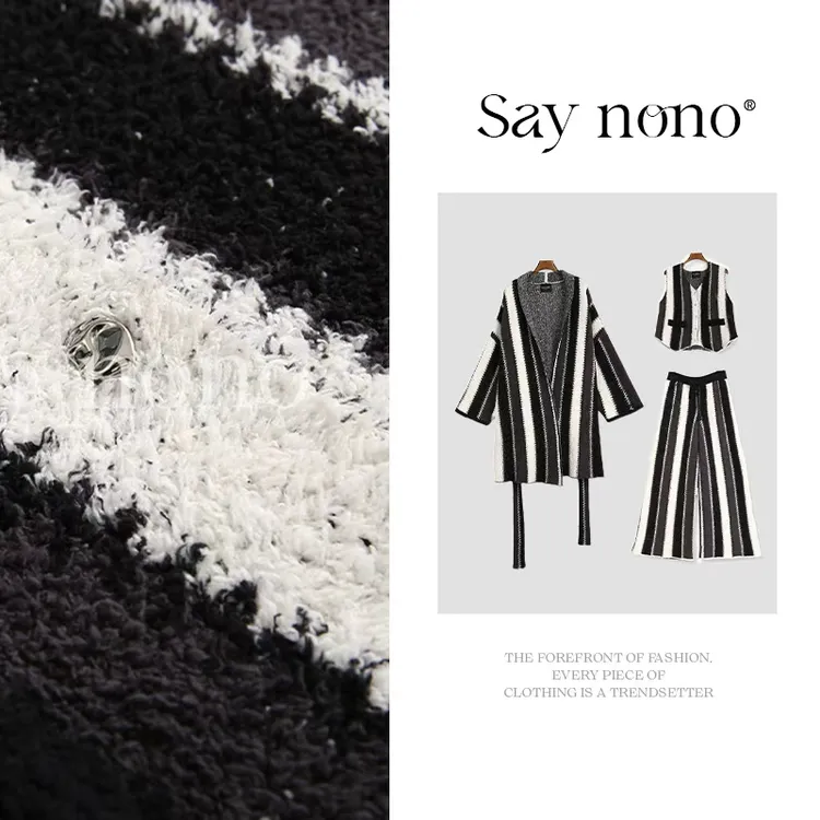 Saynono【懒猫nono】黑白竖条纹半边绒3件套家居服套装秋冬