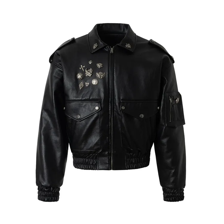 NASTYHUB[NH线上]25aw做旧手工撞钉铆钉徽章夹棉翻领皮衣夹克短宽