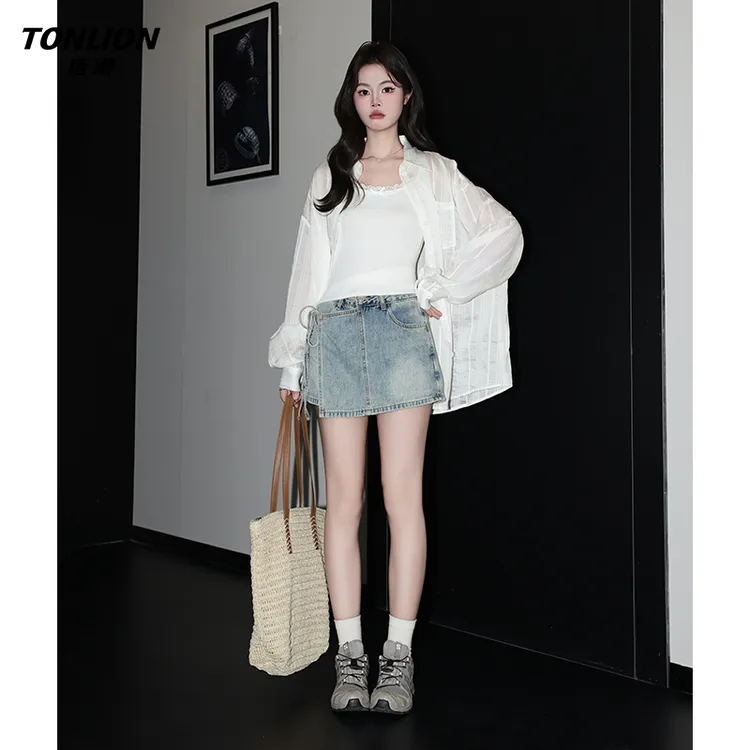 唐狮新款假两件包臀牛仔短裙裤女夏季百搭浅蓝高腰A字显瘦热裤