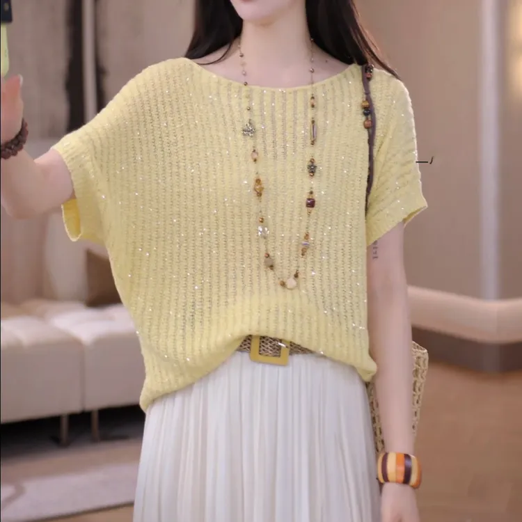 2025春夏时尚百搭洋气闪片设计感透气宽松针织上衣短袖LK2503105