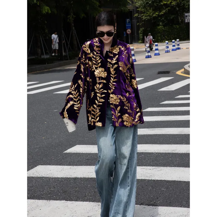 国风刺绣订珠奢华高级感宽松长袖休闲外套真丝丝绒复古新中式女装
