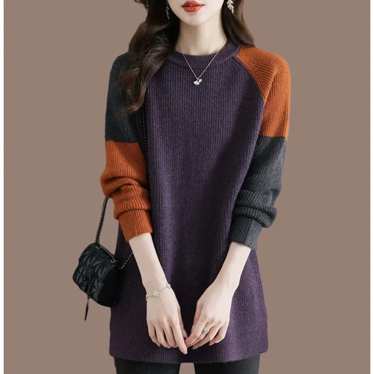 中长款毛衣女遮屁股2025新款秋冬圆领针织拼色上衣宽松打底衫洋气