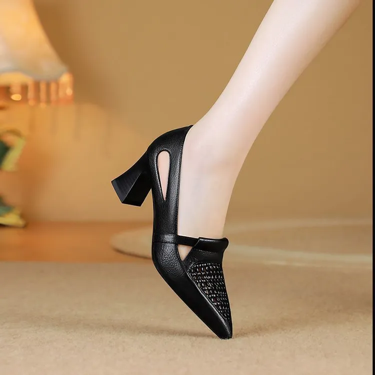 法式尖头女包头高跟女鞋2025新款夏季镂空粗跟透气单鞋时尚洞洞鞋