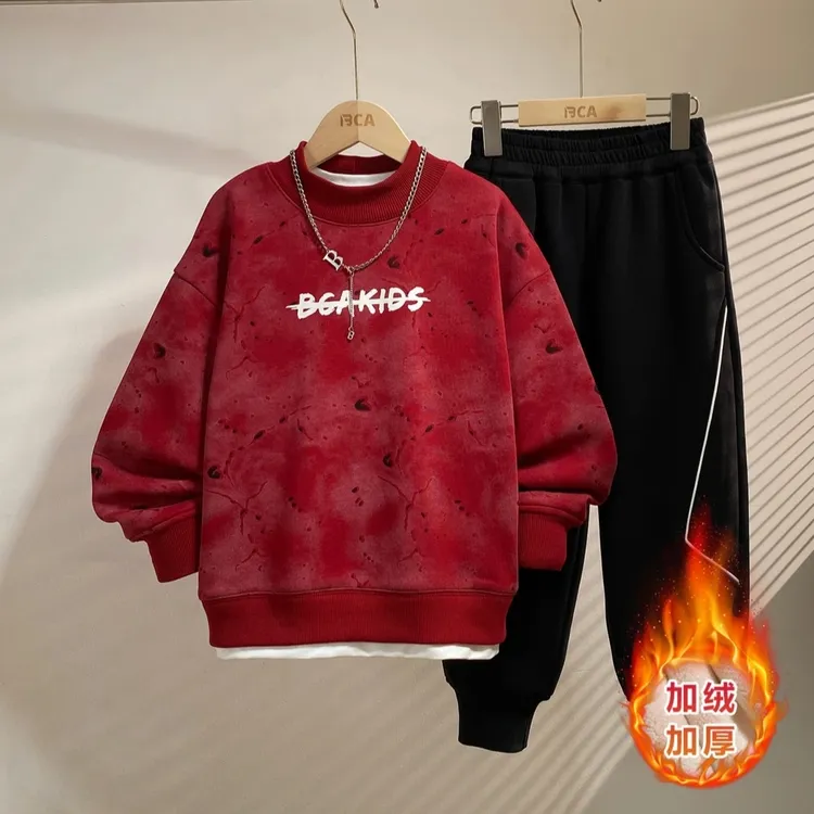 男童秋冬加绒加厚卫衣套装2025新款中大童韩版运动保暖两件套痞帅