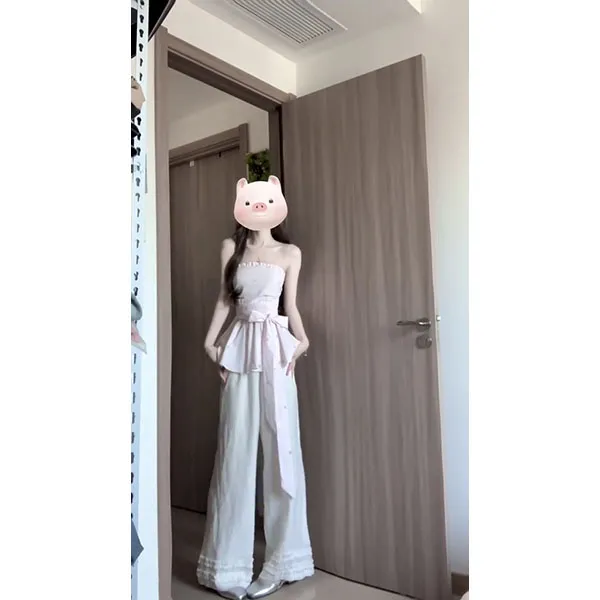 甜美可爱风蝴蝶结绑带设计抹胸背心新款收腰上衣夏+开衫+裤子套装