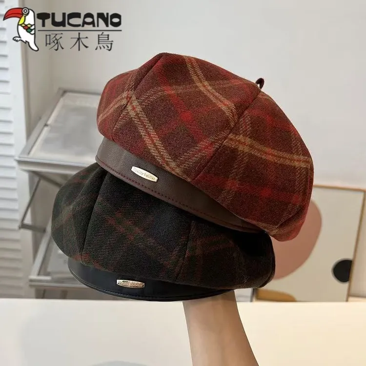 女秋冬英伦复古格纹蓓蕾八角帽出街休闲显脸小画家帽街头潮百搭