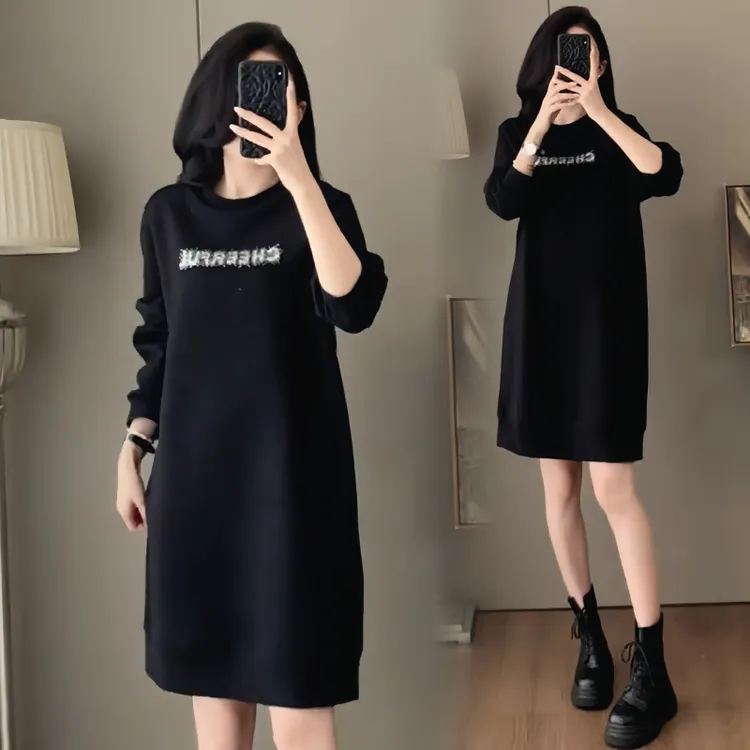 慵懒风小个子圆领连衣裙女2025年秋冬新款时尚百搭拼接显瘦A字裙