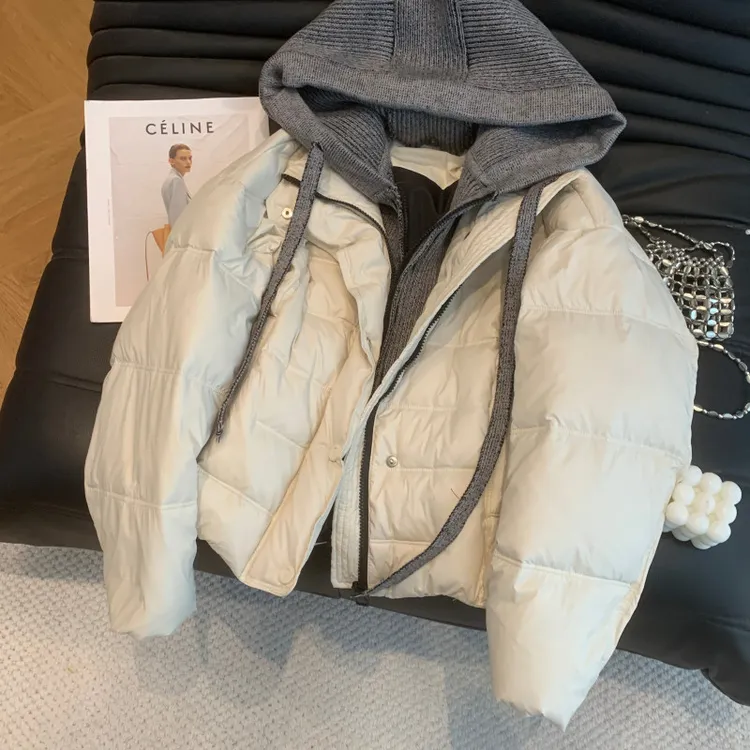 时尚针织连帽加厚棉服女2025冬季新款韩版百撘小个子短款面包服潮