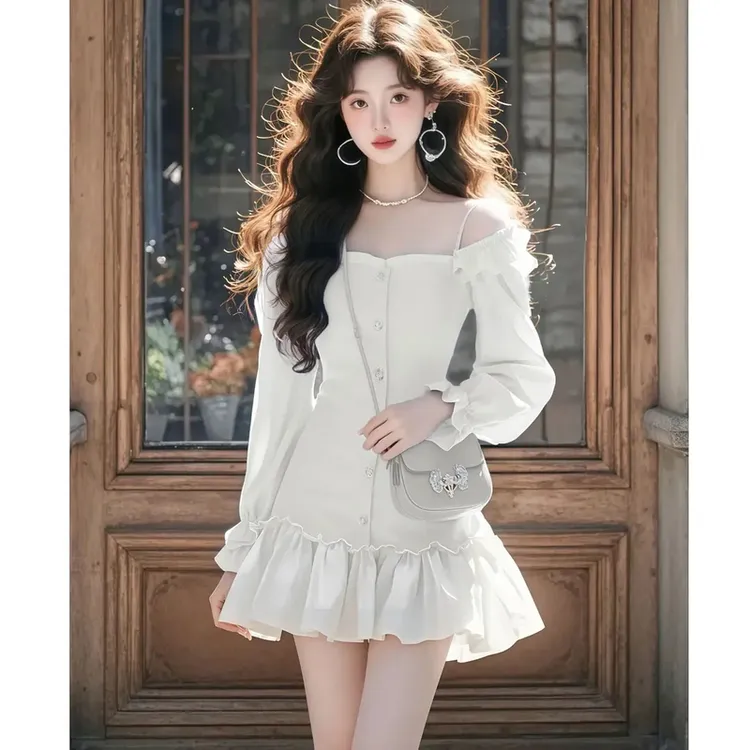 富家千金高级感白色连衣裙女2025春季新款收腰显瘦漂亮绝美短裙子