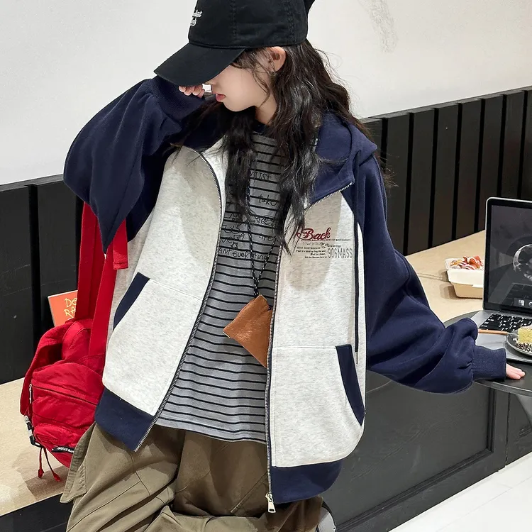 女童外套秋季2025新款儿童连帽棒球服春秋装宽松中大童拼色拉链衫