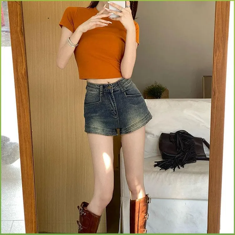 ins风辣妹牛仔短裤女打底美式复古做旧弹力修身包臀高腰a字热裤子