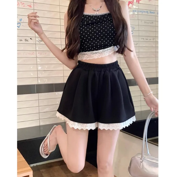 高腰蕾丝拼接学院风夏季短裤外穿黑色薄款休闲阔腿裤百搭a字裤子