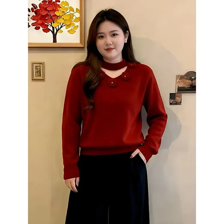 大码新年战袍立体花朵红色毛衣针织衫女冬季胖mm显瘦内搭外穿上衣