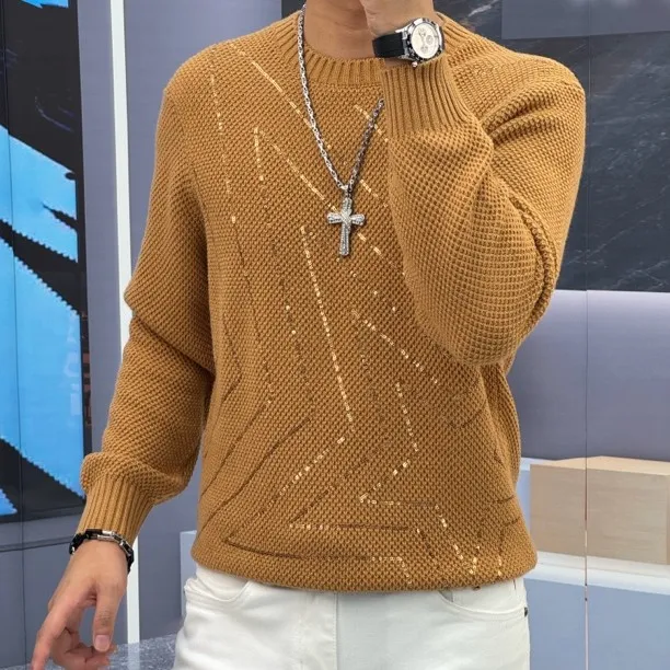 2025冬季男士时尚长袖亮片绣花设计保暖个性单穿休闲内搭羊毛衫