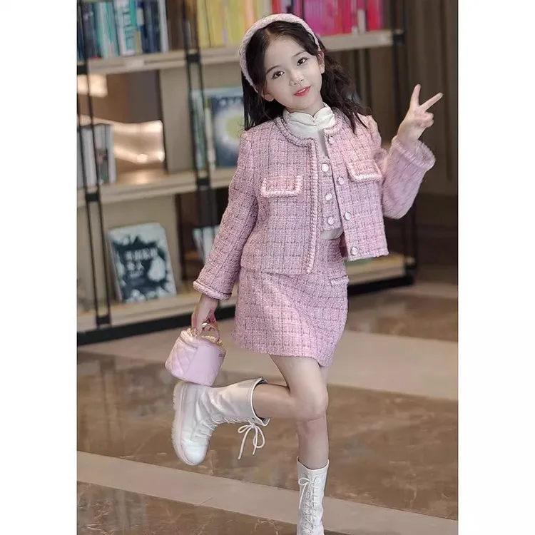 女童小香风套装裙子春秋2024新款韩版儿童外套短裙女孩洋气三件套