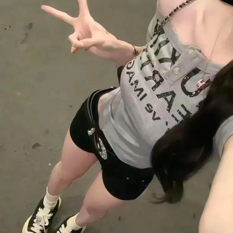 2025夏季新款美式辣妹斜肩短袖T恤女修身显瘦露肩短款上衣