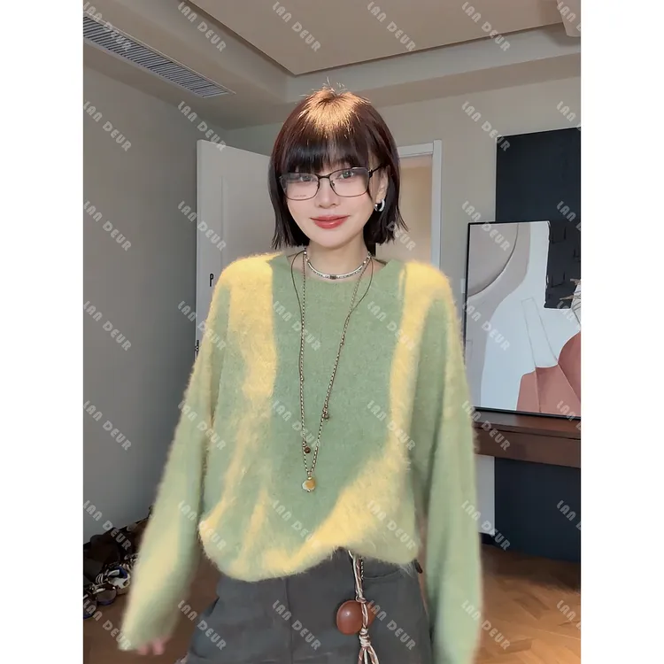 JIUJIU【留学笔记】绵羊毛山羊绒圆领长毛软糯氛围感针织女冬季