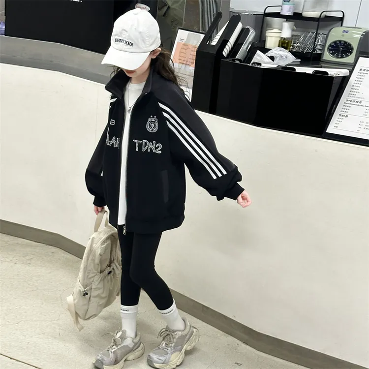 女童美式复古立领初中生春秋字母拼接棒球服秋装卫衣外套8-15岁潮