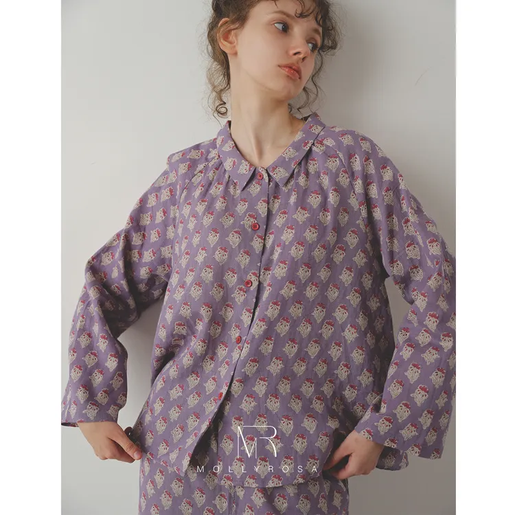 MollyRos紫莓织夏梦短袖五分裤睡衣女纯棉纱布家居服套装可外穿夏